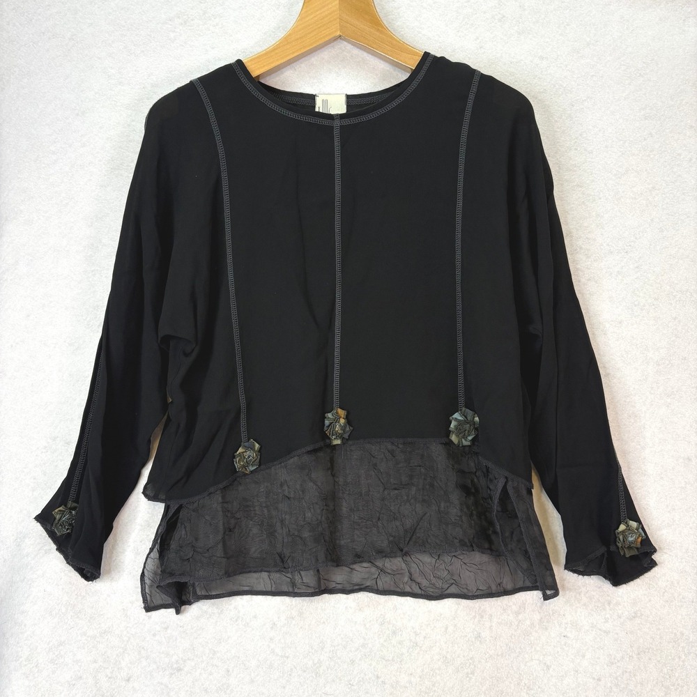 Vtg Rosette Layered Sheer Hem Top Black Womens L Lagenlook Art to Wear Whimsy